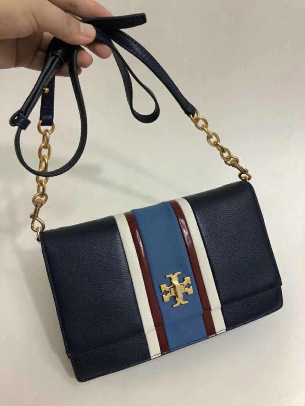 Tory Burch Navy Leather Crossbody with Blue, White and Burgundy Stripes